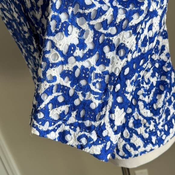 Chico's Women’s Cotton Eyelet Open Front Jacket Cardigan White/Blue Size L - Picture 9 of 13